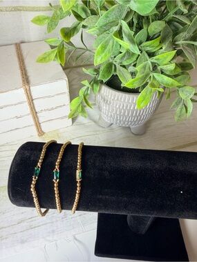 Mint&Lily (3) Gold Beaded Bracelet Set with Emerald Green Birthstone